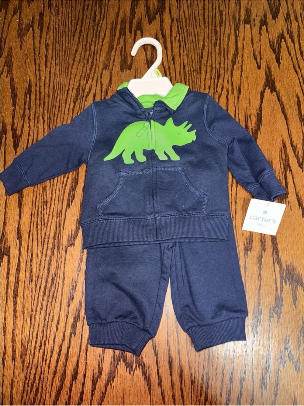 NWT Boys 3 Months Carters 2 Piece Zip Up Long Sleeve Jacket Pants Blue Dinosaur